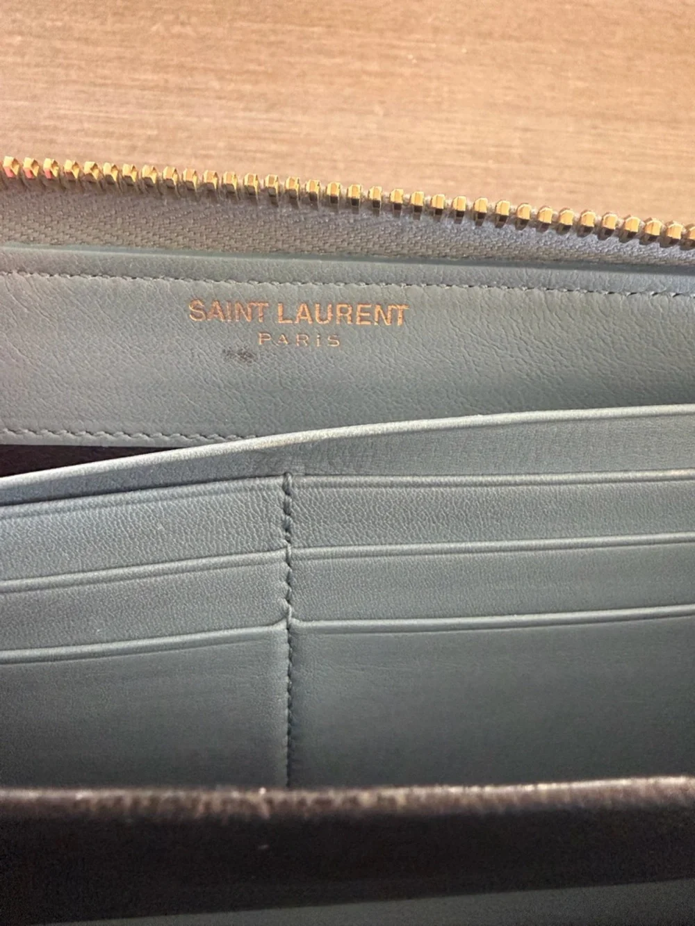 Authentic SAINT LAURENT YSL Y Line Full Zip Wallet Calf Leather Blue/Gold w/ COA - Picture 4 of 12